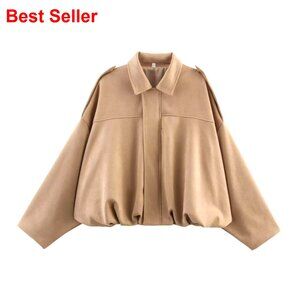 Faux Suede Bomber Jacket Lapel Pilot Coat Casual Oversized Outerwear